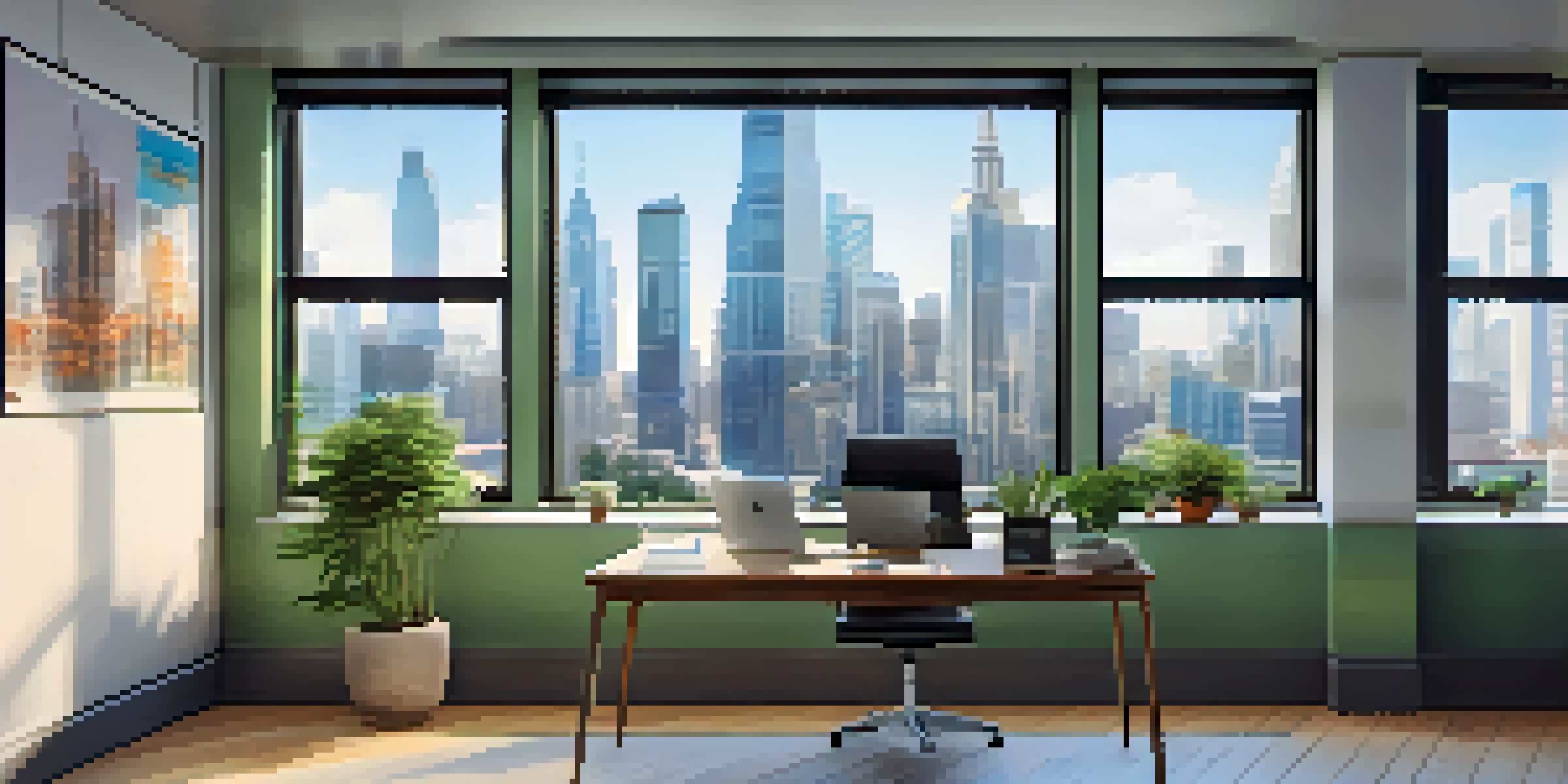A bright office with a wooden desk, a laptop displaying financial data, and a view of a city skyline.