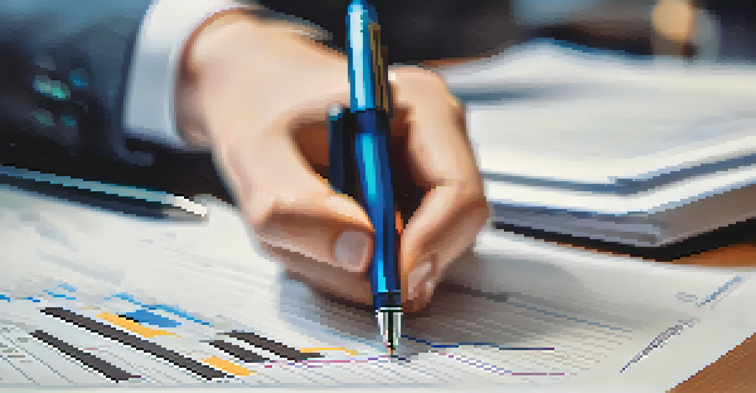 A hand with a pen above a financial document showing graphs and tables, with a blurry office background.
