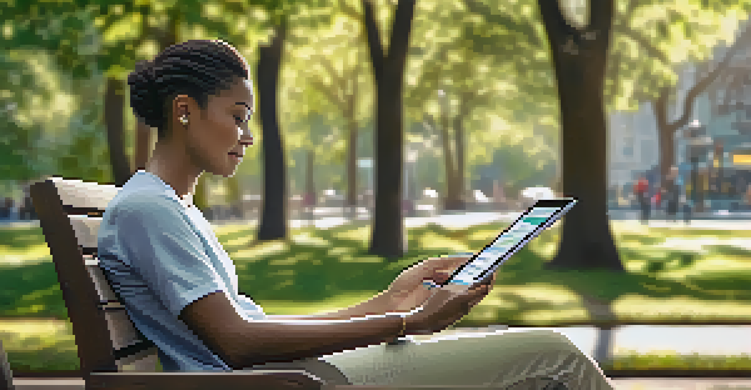 A person sitting on a park bench, looking at financial goals on a tablet amidst a green park setting.