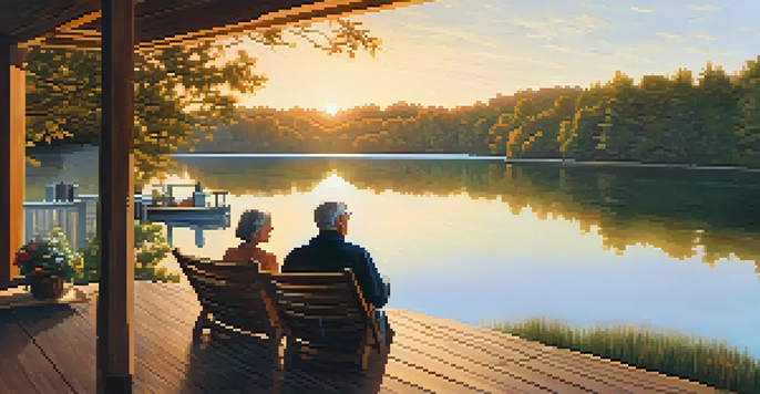 A couple enjoying a peaceful moment on a porch by a lake during sunset, surrounded by trees.