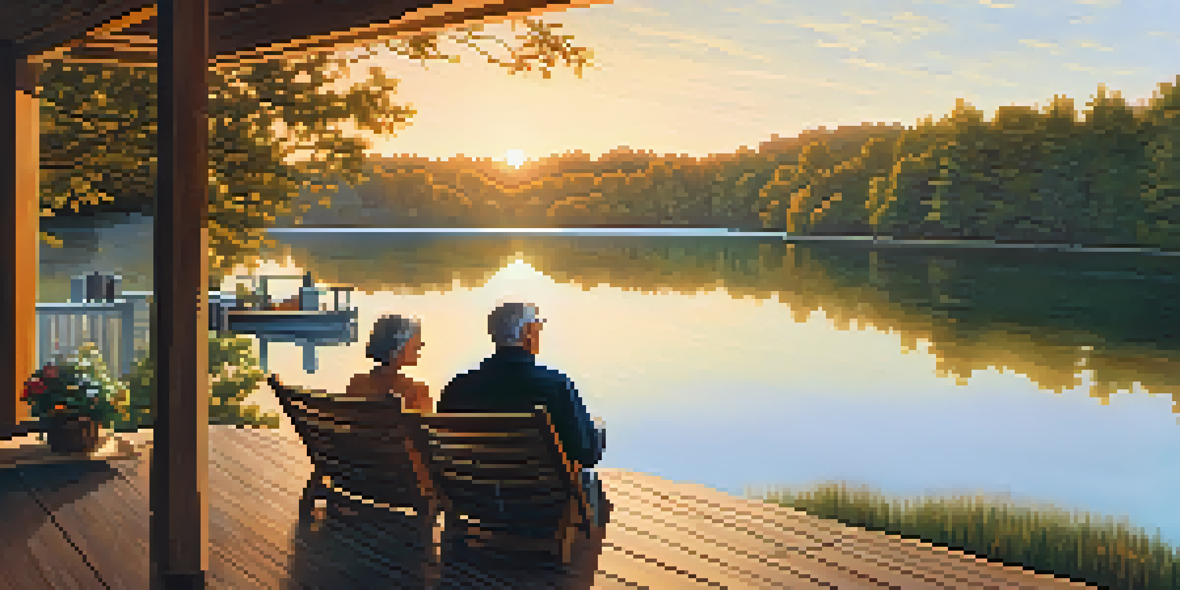 A couple enjoying a peaceful moment on a porch by a lake during sunset, surrounded by trees.