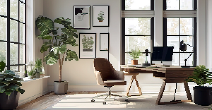 A stylish workspace with a laptop, plants, and natural light from large windows.