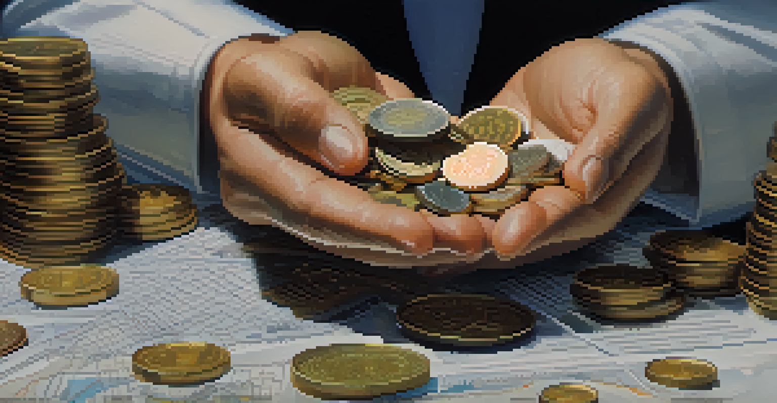 Close-up of hands holding coins with a stock chart blurred in the background.