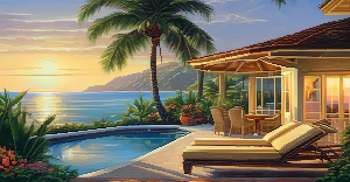 A vacation home by the beach with palm trees and a sunset, highlighting a cozy terrace surrounded by nature.