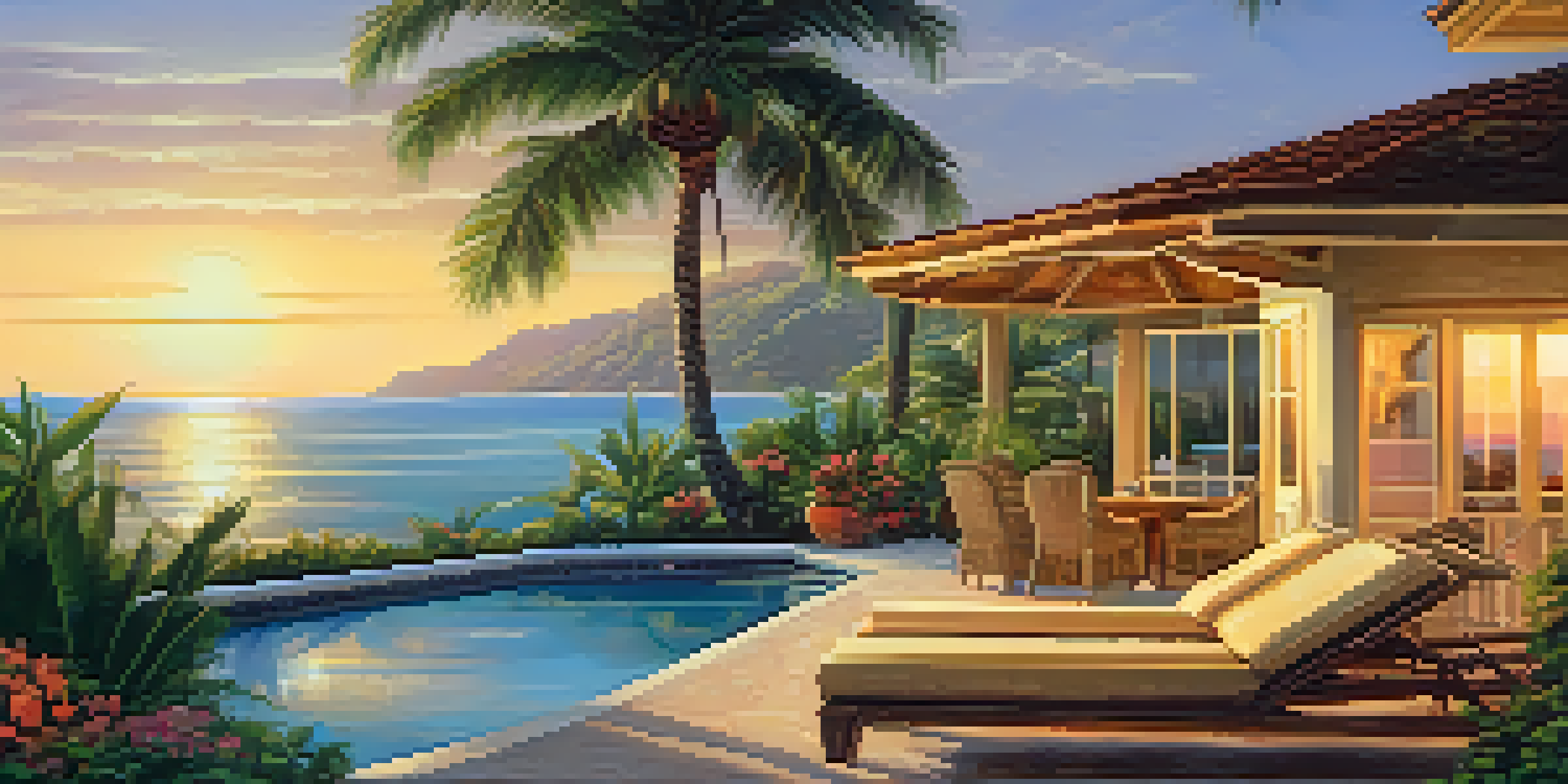 A vacation home by the beach with palm trees and a sunset, highlighting a cozy terrace surrounded by nature.