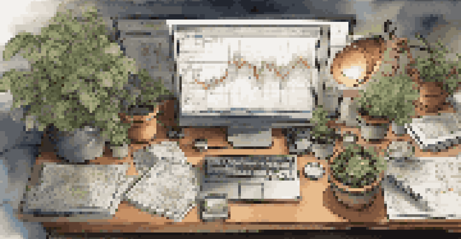 An overhead view of a trader's desk with multiple monitors displaying trading charts and a cup of coffee.