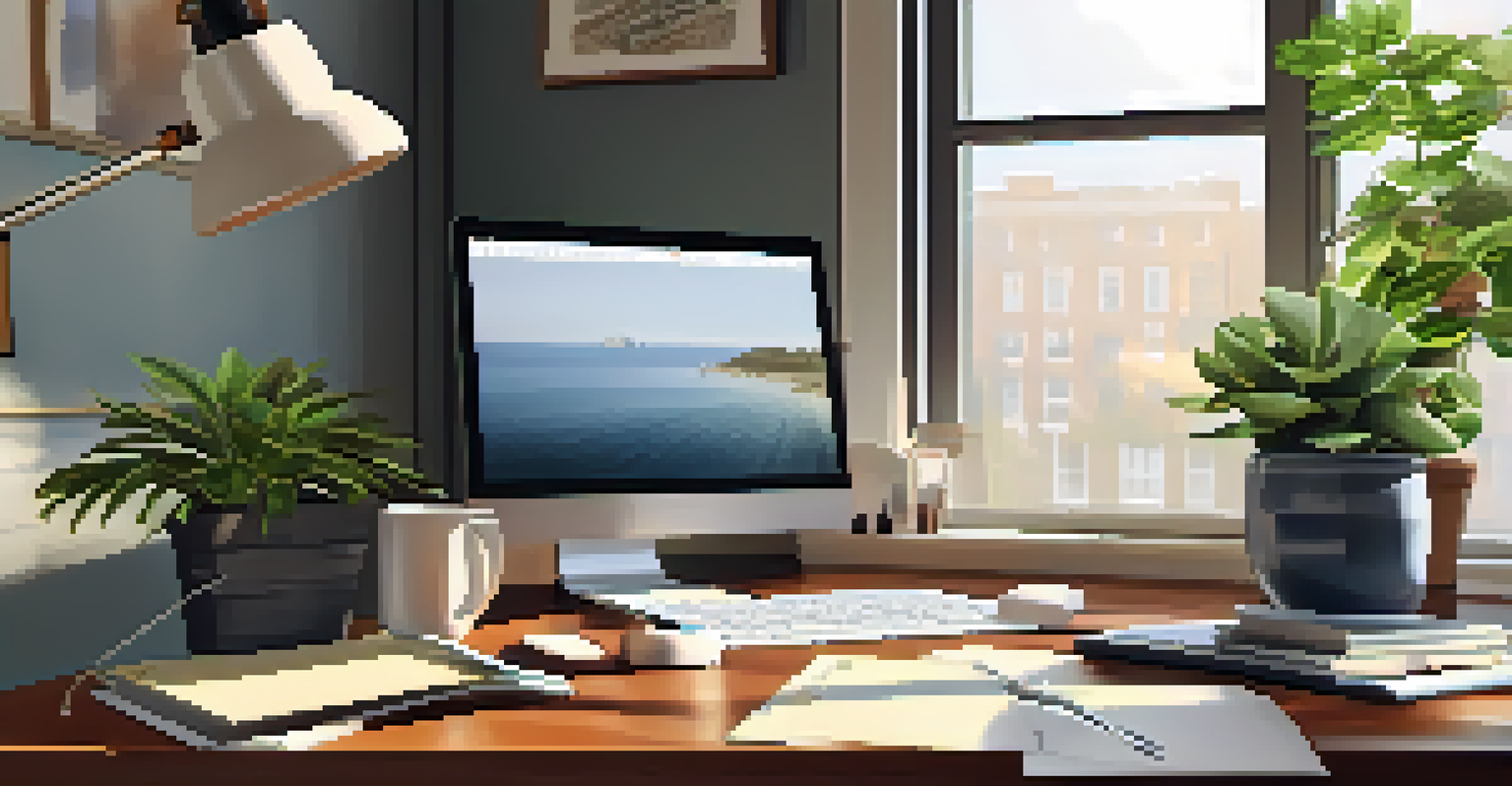 A home office desk with a laptop, financial documents, a cup of coffee, and a plant, illuminated by morning light.