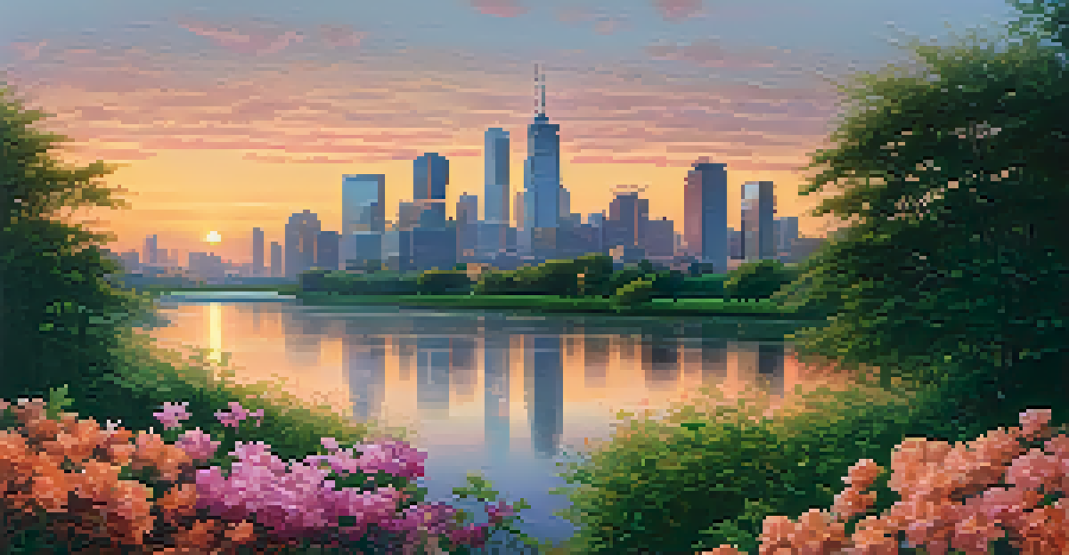 A modern city skyline at sunset with skyscrapers reflecting warm colors and a calm river in the foreground surrounded by greenery and flowers.