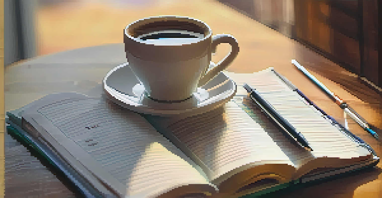 A close-up of a hand holding a financial planner's notebook with graphs, and a cup of coffee on a table in a cozy setting.