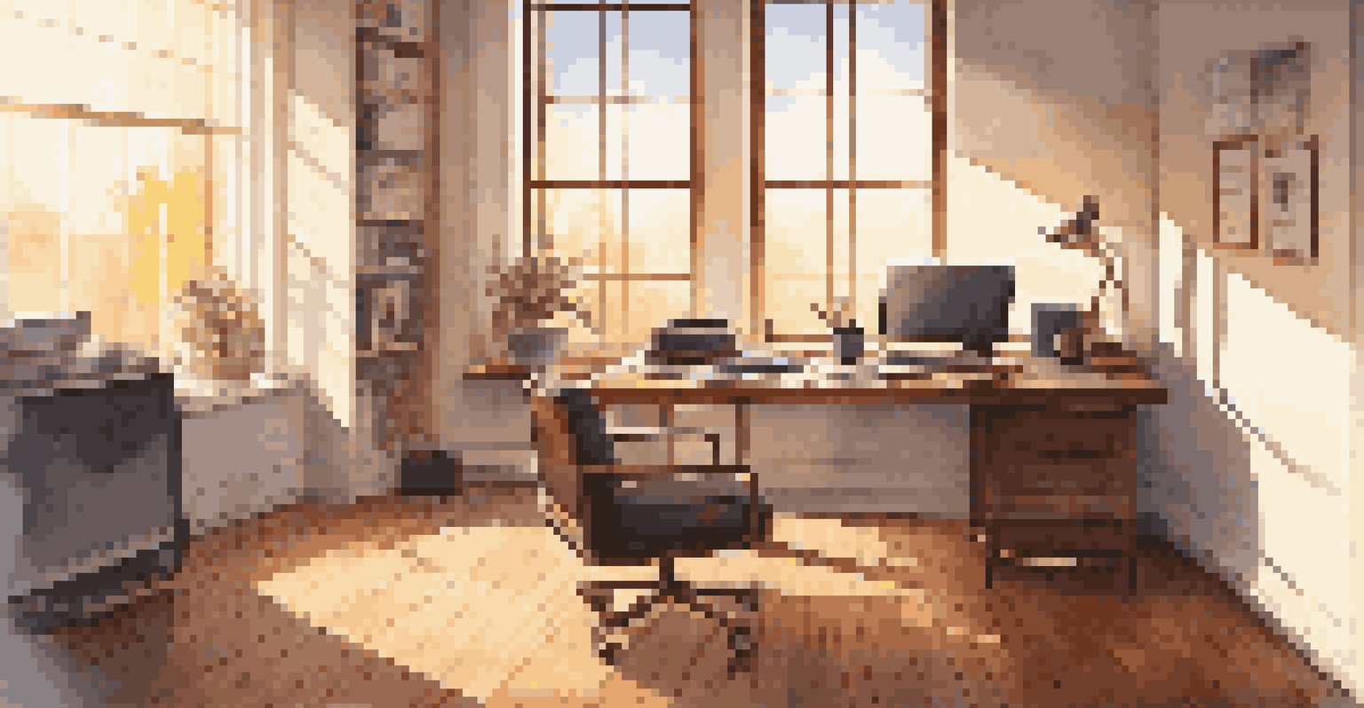A modern office workspace with a laptop, notepad, and coffee cup, illuminated by sunlight from a window.