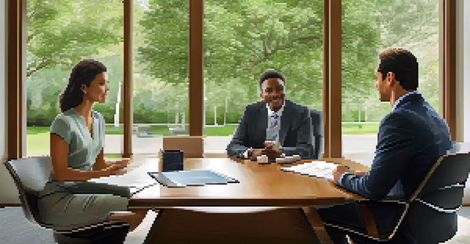 A financial advisor discussing a financial plan with a diverse couple in a bright office setting, emphasizing trust and collaboration.