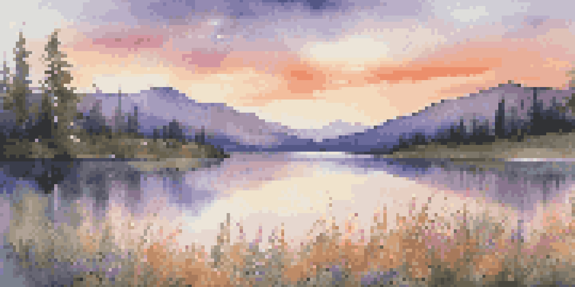 A tranquil lake at sunset surrounded by mountains and colorful flowers in the foreground.