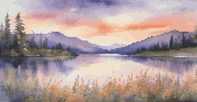 A tranquil lake at sunset surrounded by mountains and colorful flowers in the foreground.