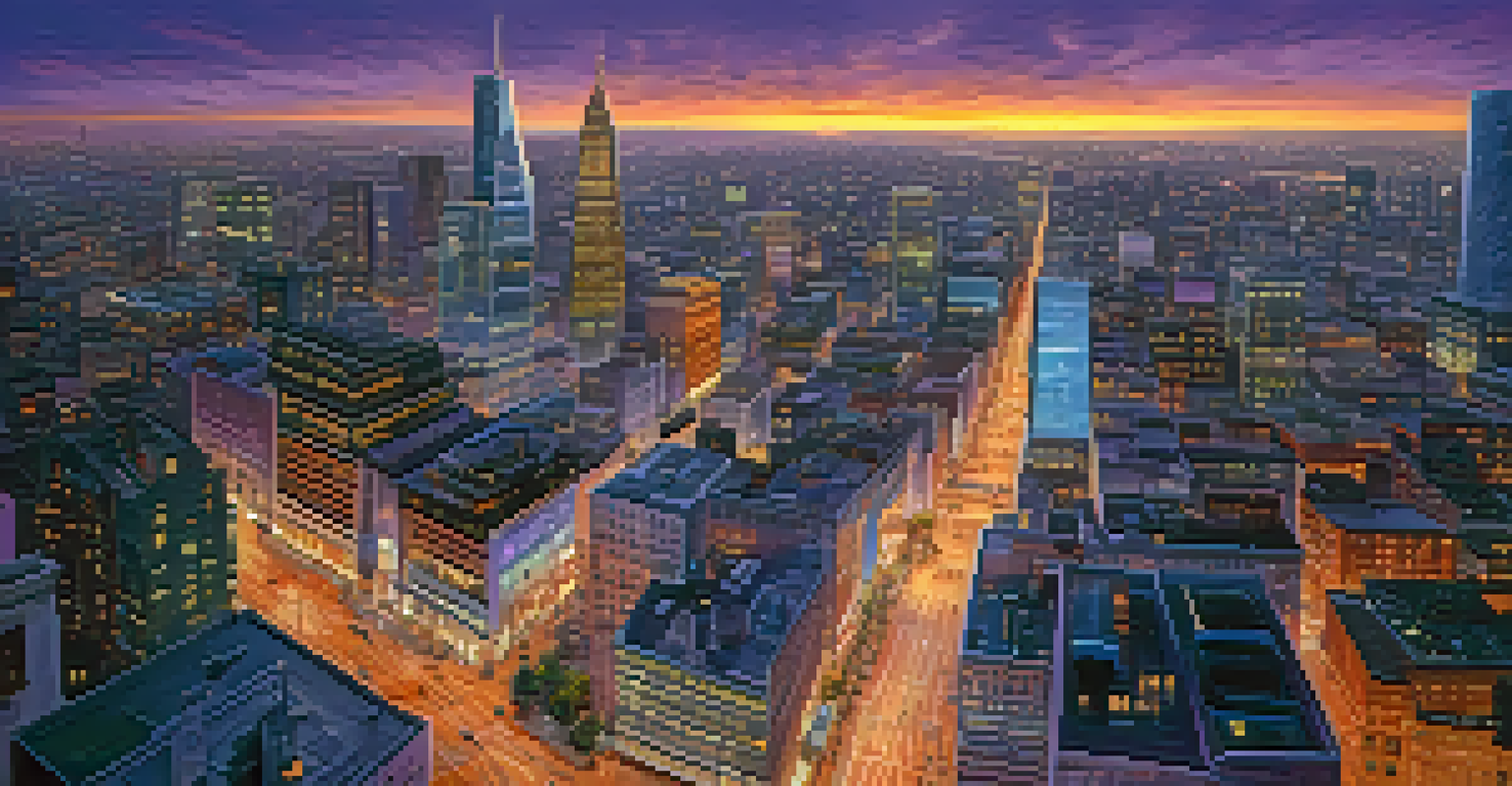 Aerial view of a city at sunset with skyscrapers and historical buildings illuminated by city lights.