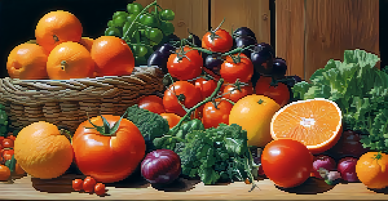A variety of colorful fruits and vegetables on a wooden table, showcasing their vibrant colors and freshness.