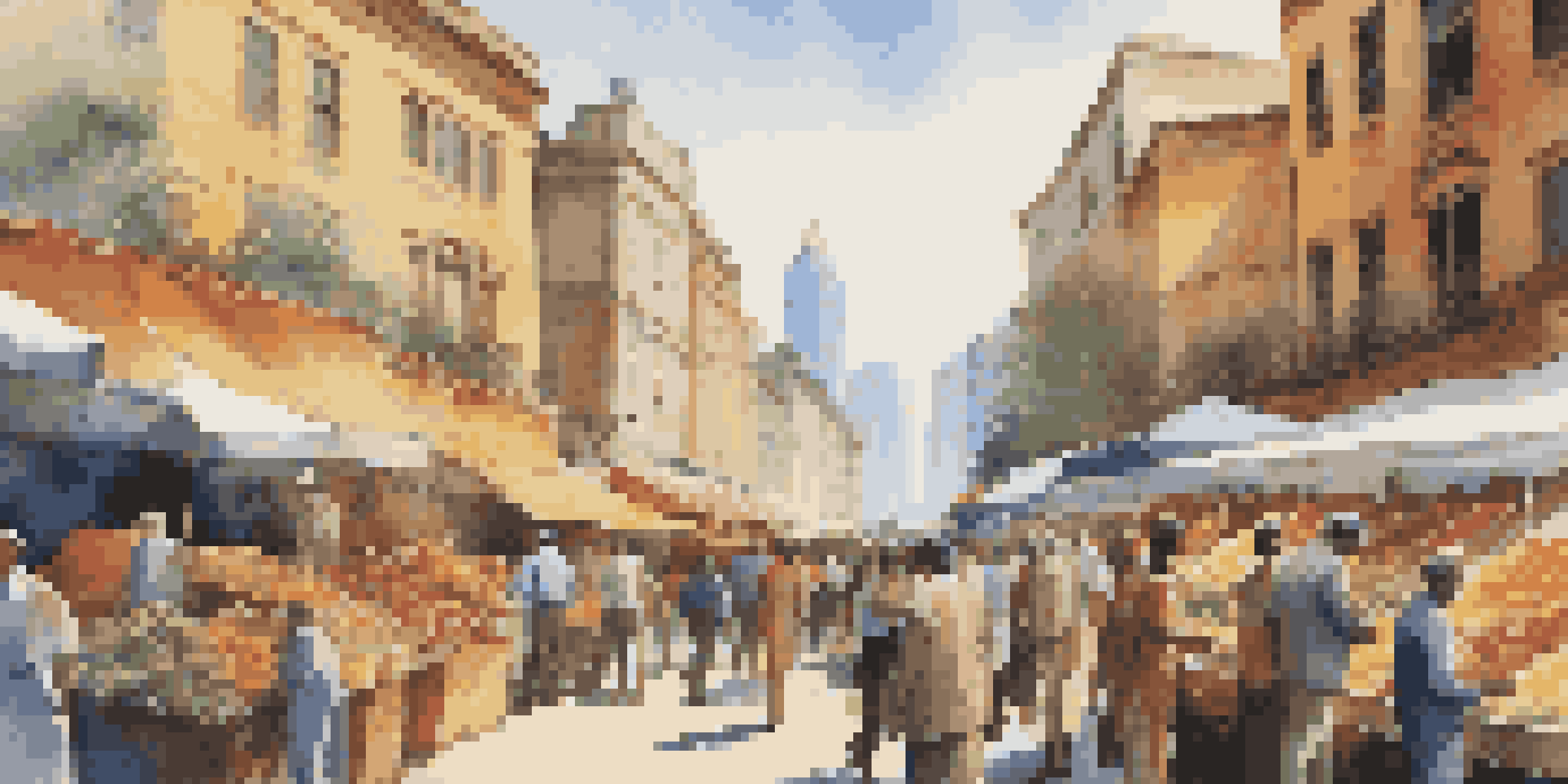 A lively marketplace scene with diverse investors discussing private equity, colorful stalls displaying financial instruments, and a bright urban skyline in the background.