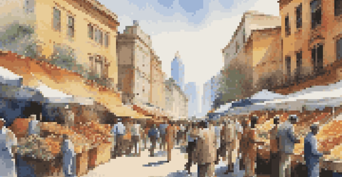 A lively marketplace scene with diverse investors discussing private equity, colorful stalls displaying financial instruments, and a bright urban skyline in the background.