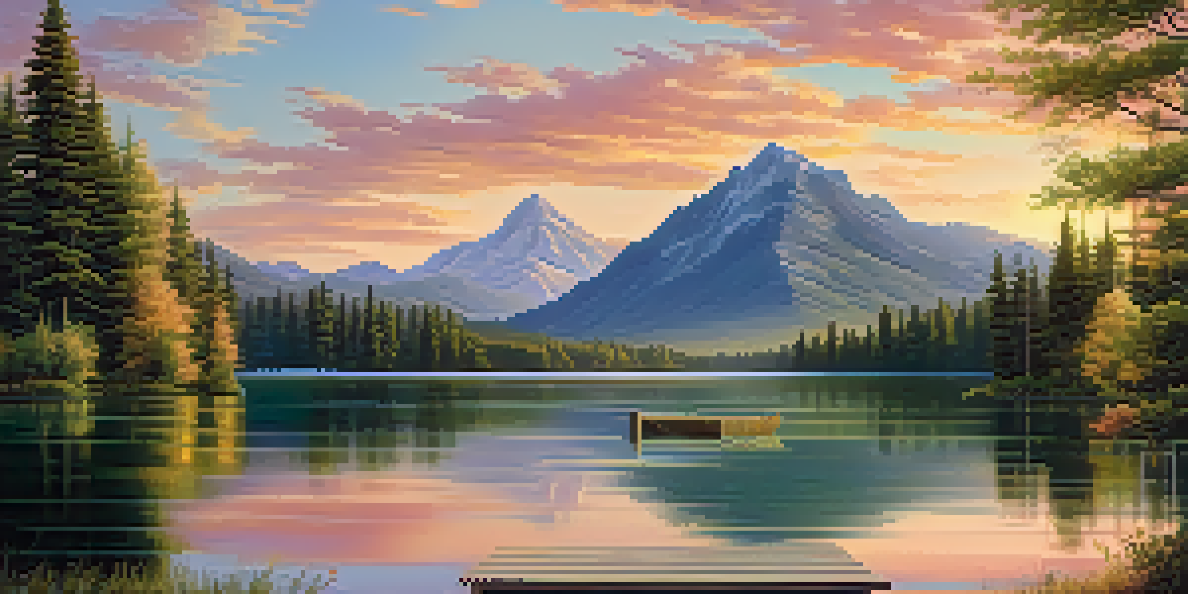 A tranquil lake reflecting a colorful sunset, surrounded by greenery and mountains, with a wooden dock extending into the water.