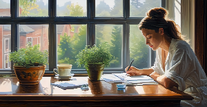 A person reviewing health savings account paperwork at a wooden table with a potted plant and a cup of tea, illuminated by natural light.