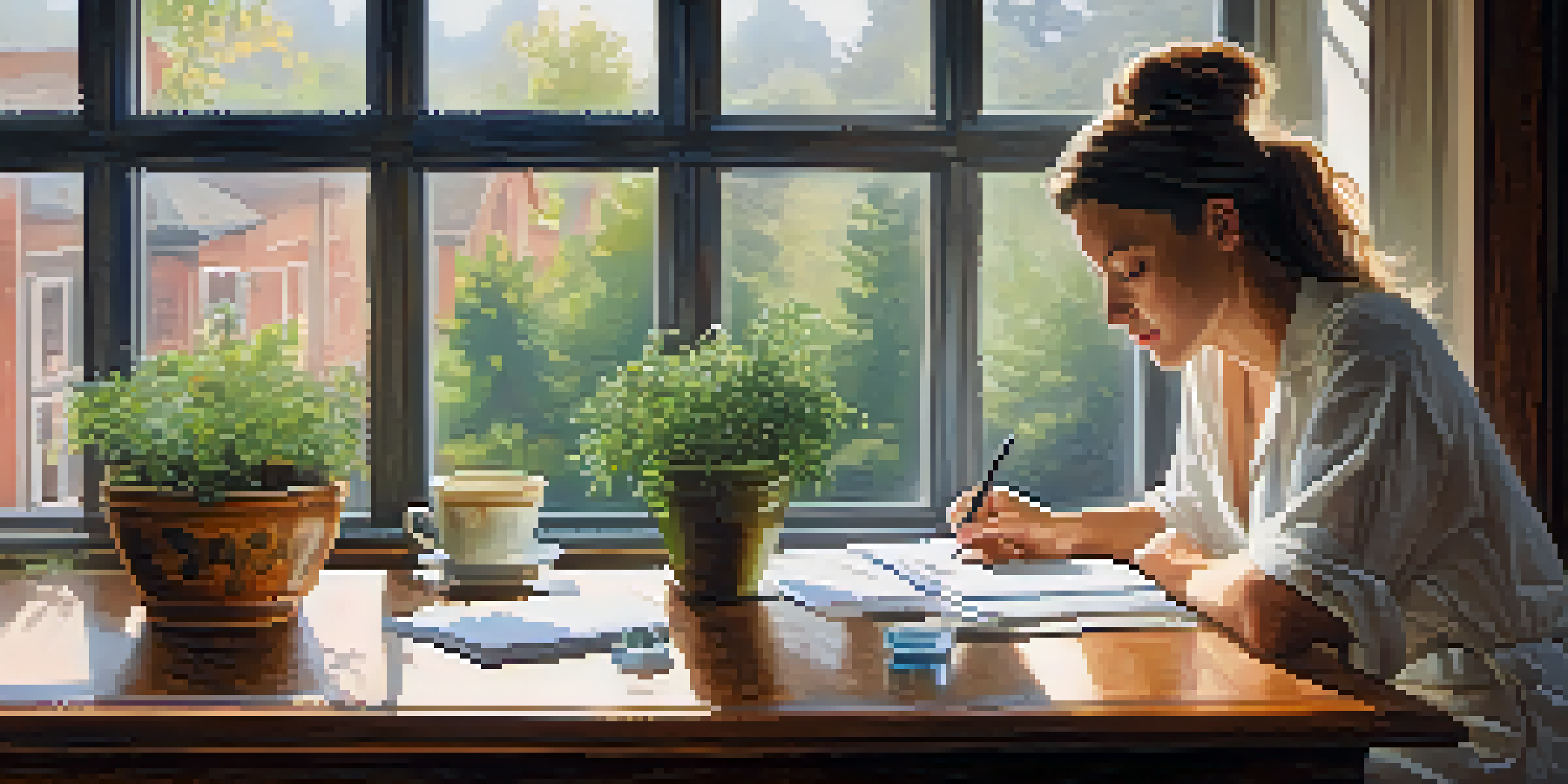 A person reviewing health savings account paperwork at a wooden table with a potted plant and a cup of tea, illuminated by natural light.