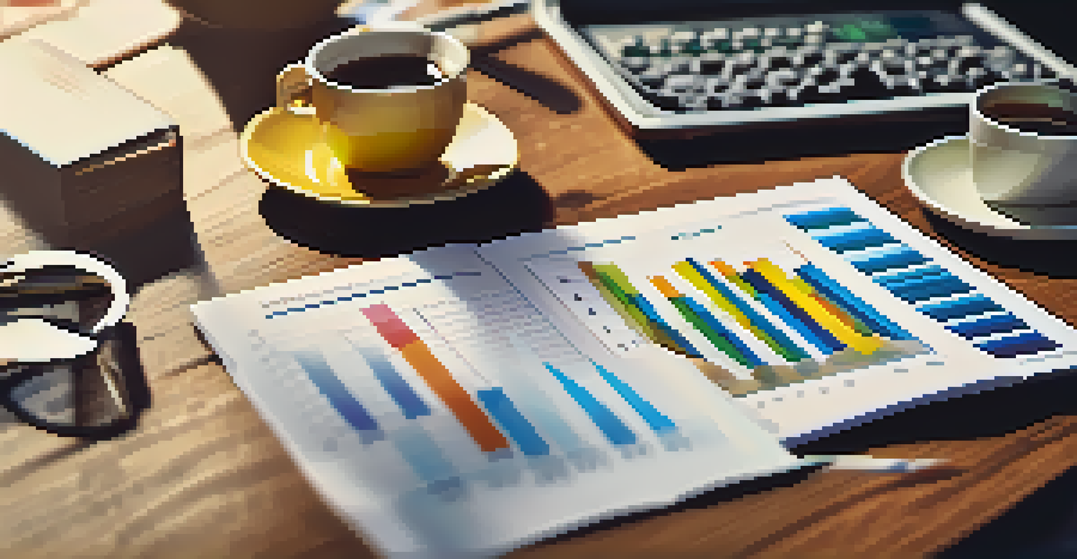 A financial report with charts, a calculator, and a cup of coffee on a table.