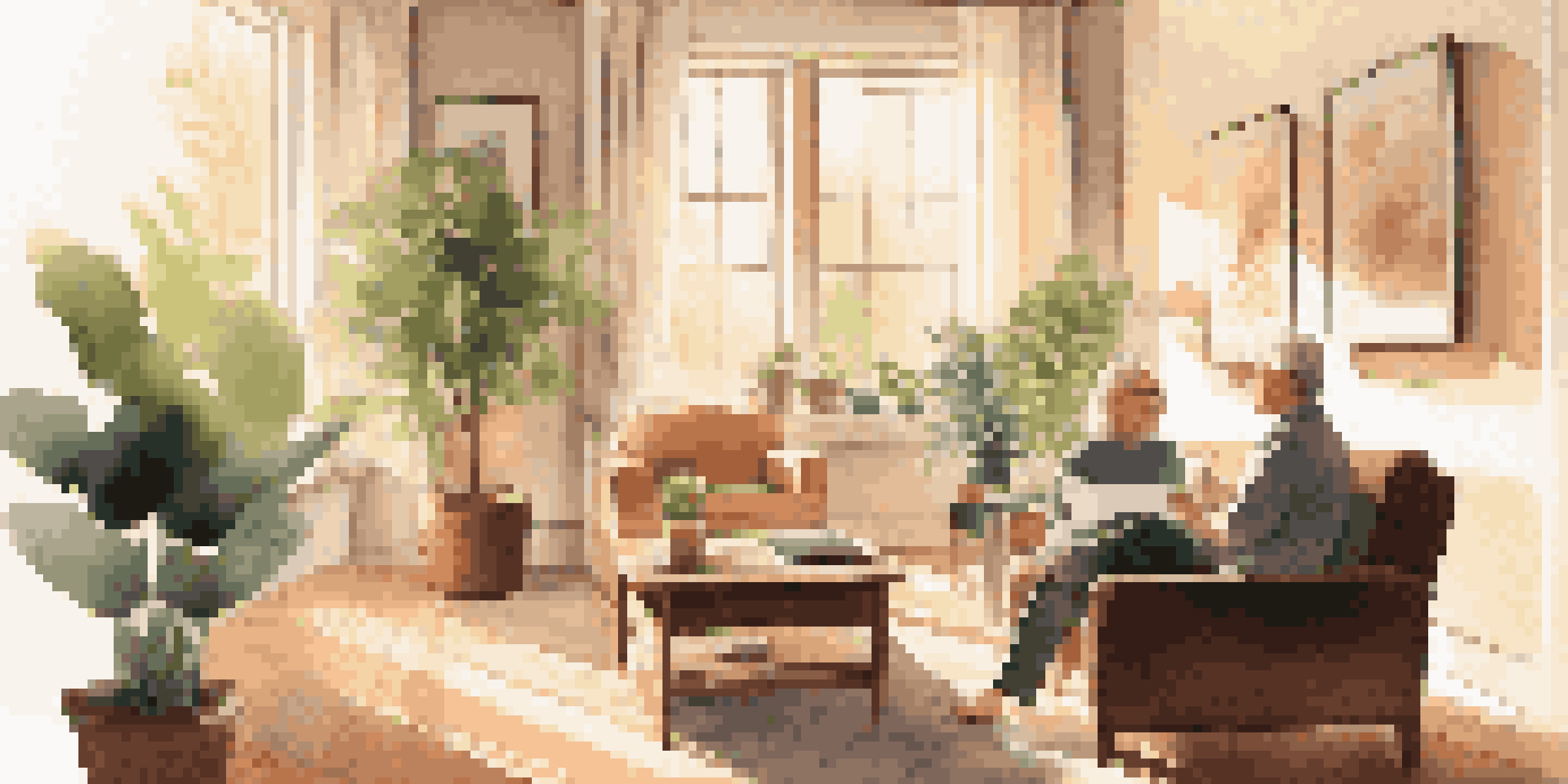 A middle-aged couple in a bright living room discussing financial plans, with a laptop and financial documents on the coffee table.