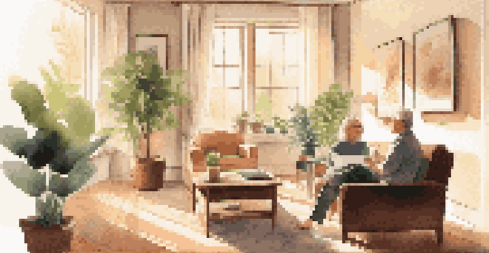 A middle-aged couple in a bright living room discussing financial plans, with a laptop and financial documents on the coffee table.