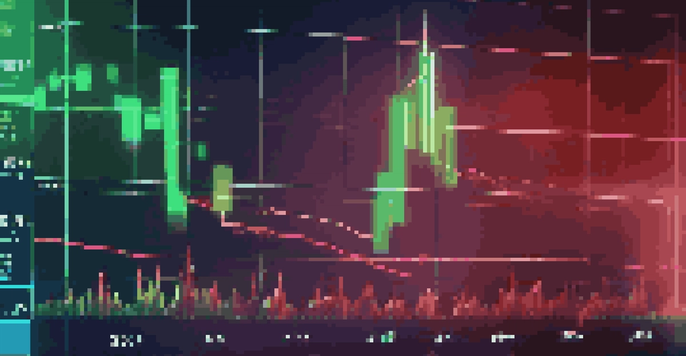 A digital screen displaying a stock market graph with fluctuating lines in green and red, surrounded by abstract financial symbols.