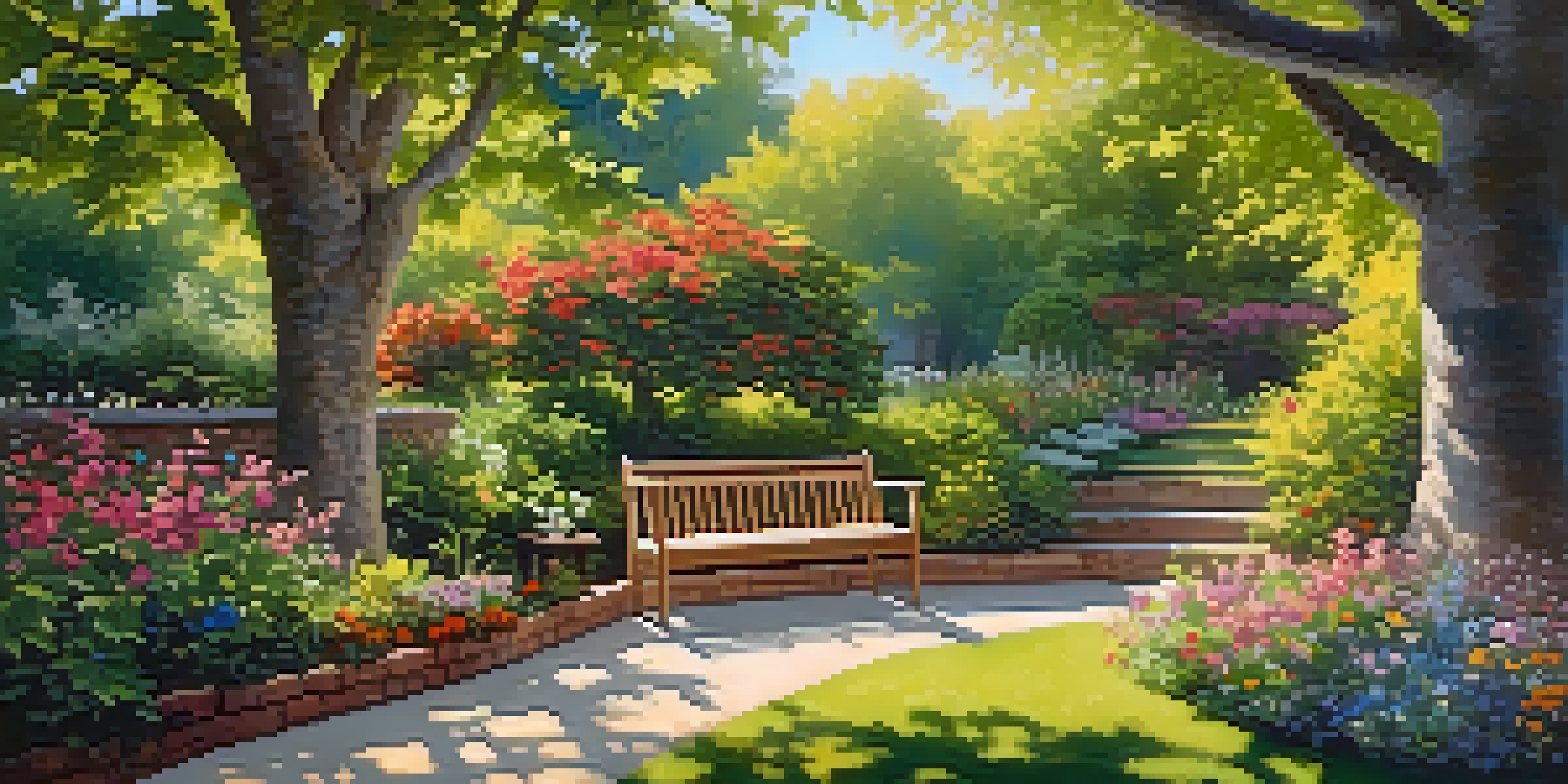 A beautiful garden filled with colorful flowers, butterflies, and a wooden bench under a tree, illuminated by sunlight.