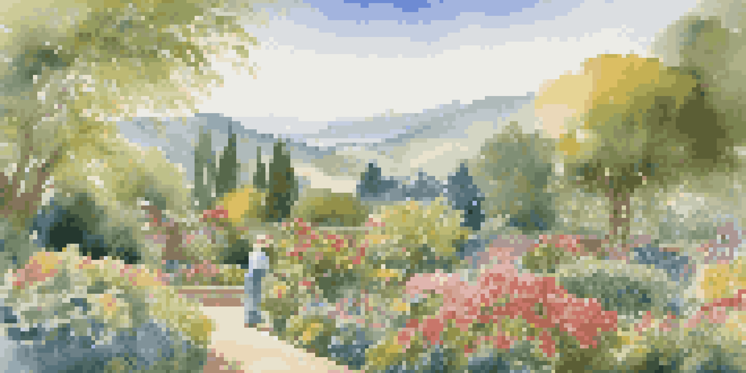 A gardener caring for a colorful garden full of flowers and plants, symbolizing environmental stewardship.