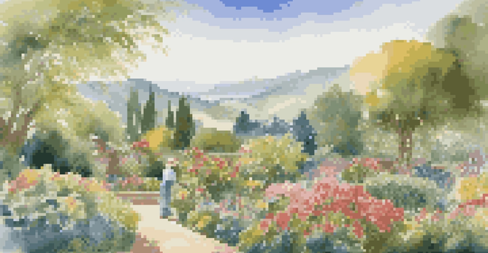 A gardener caring for a colorful garden full of flowers and plants, symbolizing environmental stewardship.