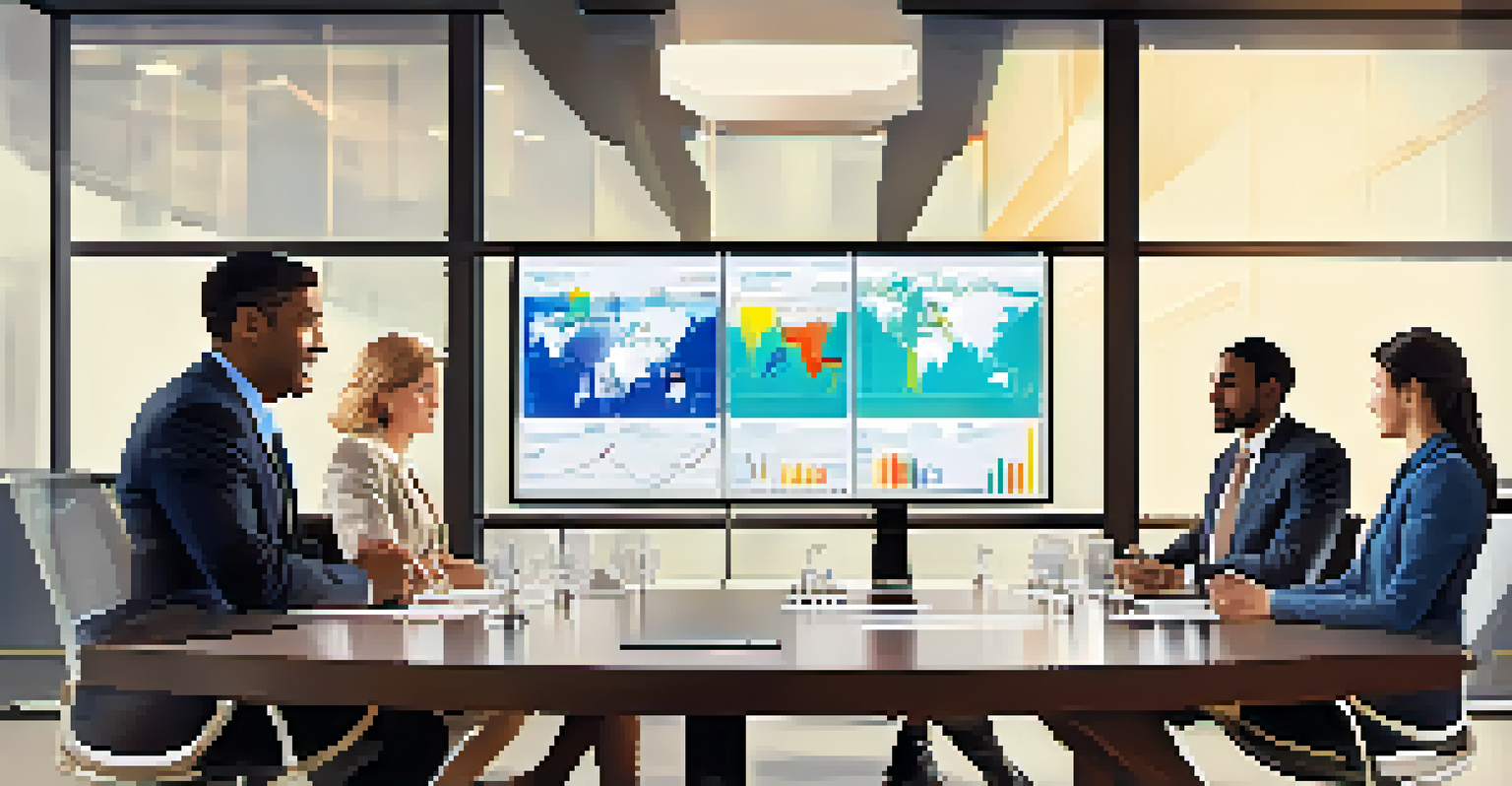 A group of business people discussing around a table with charts projected in the background.