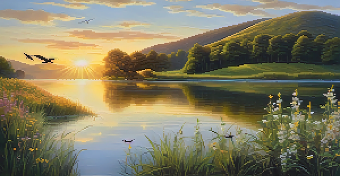 A peaceful landscape featuring a sunrise over a calm lake with green hills and colorful wildflowers.