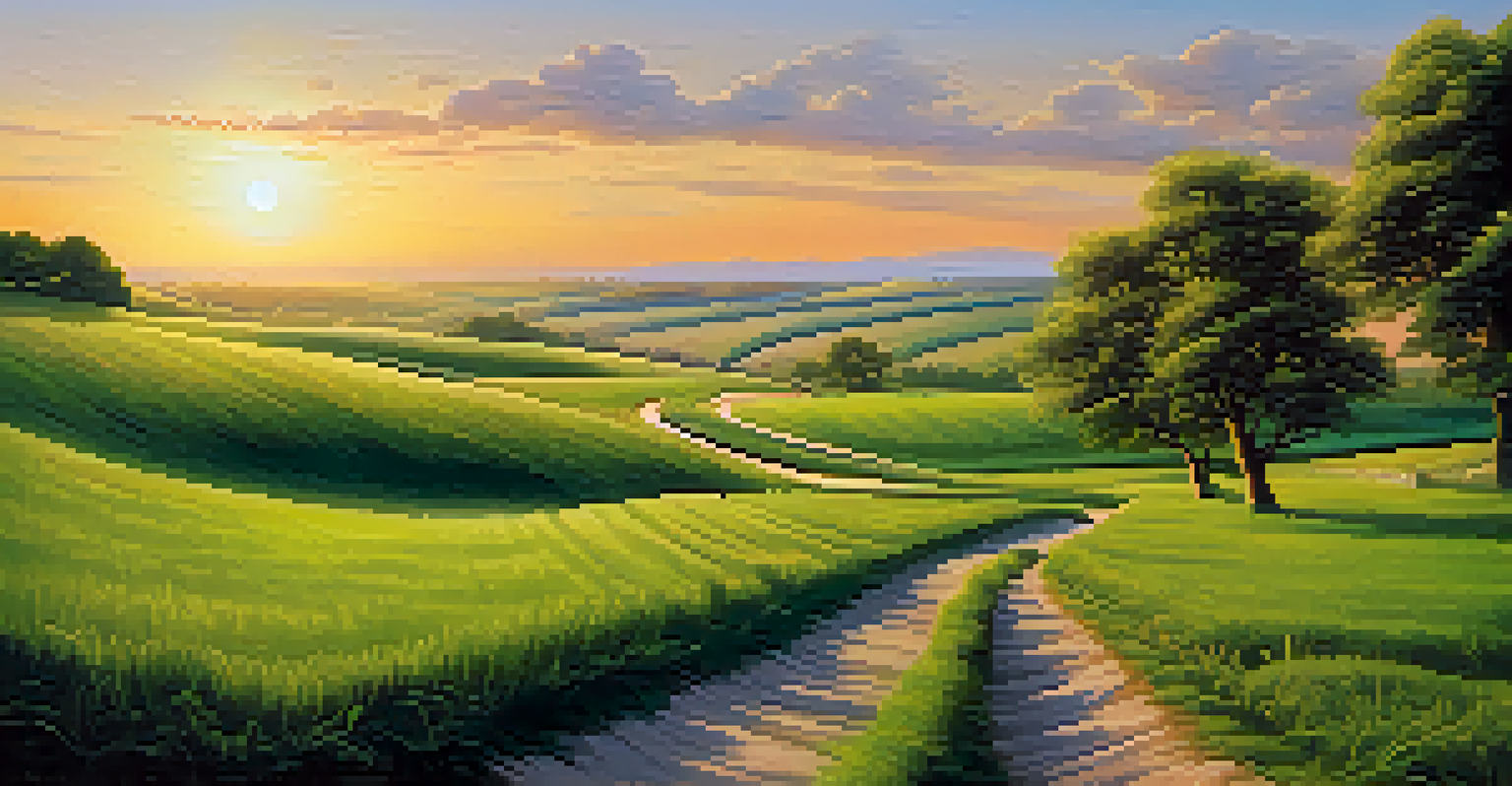 A peaceful landscape with a winding path and signposts representing different types of bonds.