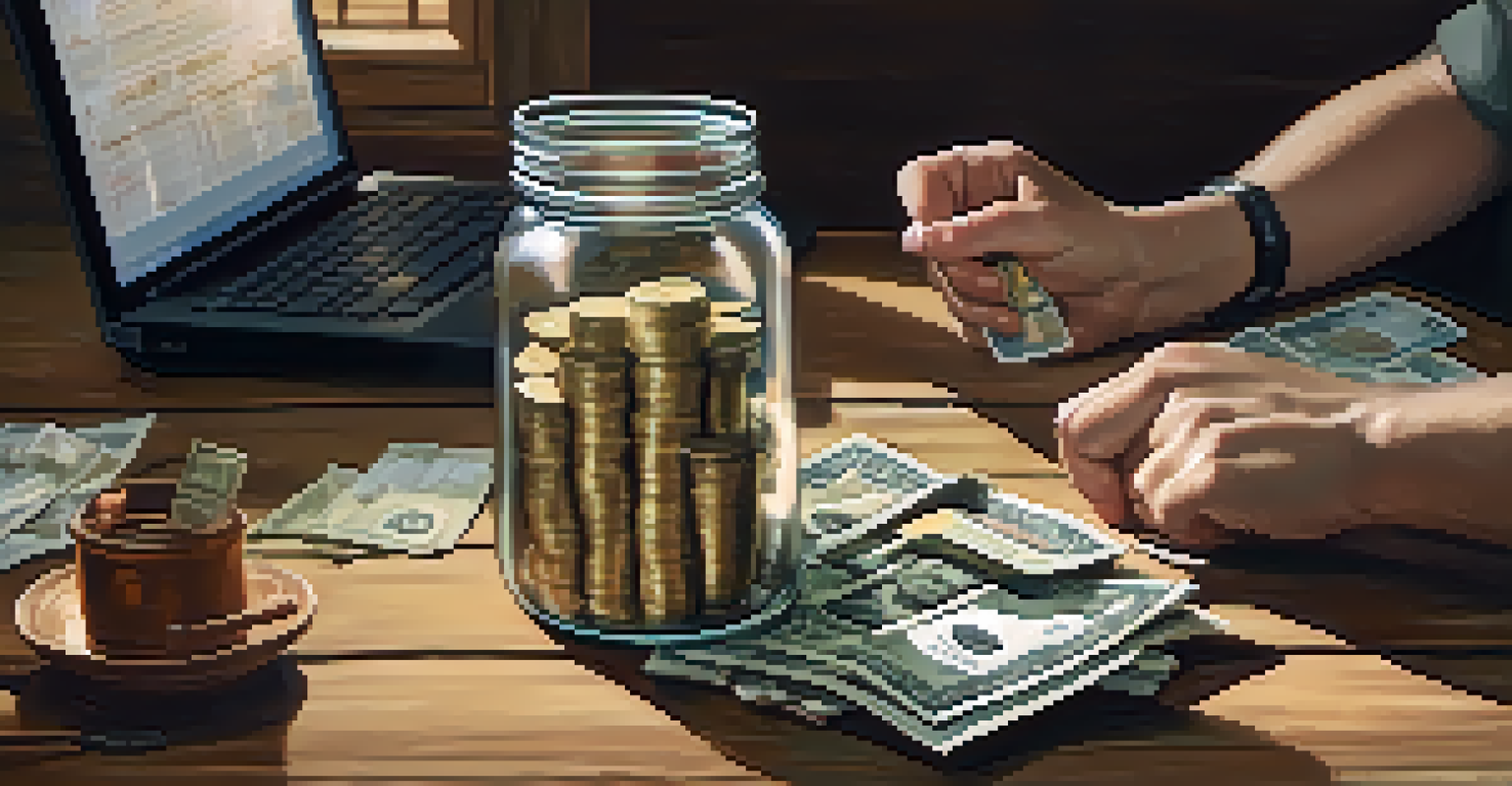 A person’s hands holding a jar of coins and notes, with financial documents and a laptop on a wooden table, representing short-term investments.