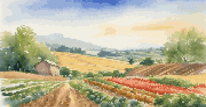 A farmer's field with various crops under a clear blue sky, showcasing diverse vegetation and a peaceful landscape.