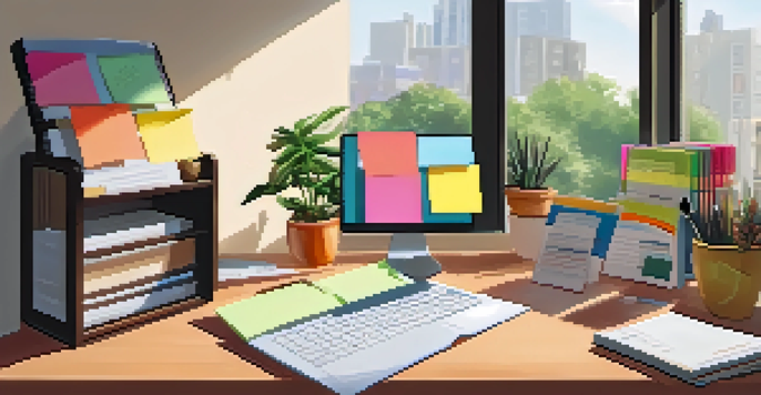 An organized home office with a wooden desk, a laptop displaying a spreadsheet, colorful sticky notes, a potted plant, and sunlight coming through a window.