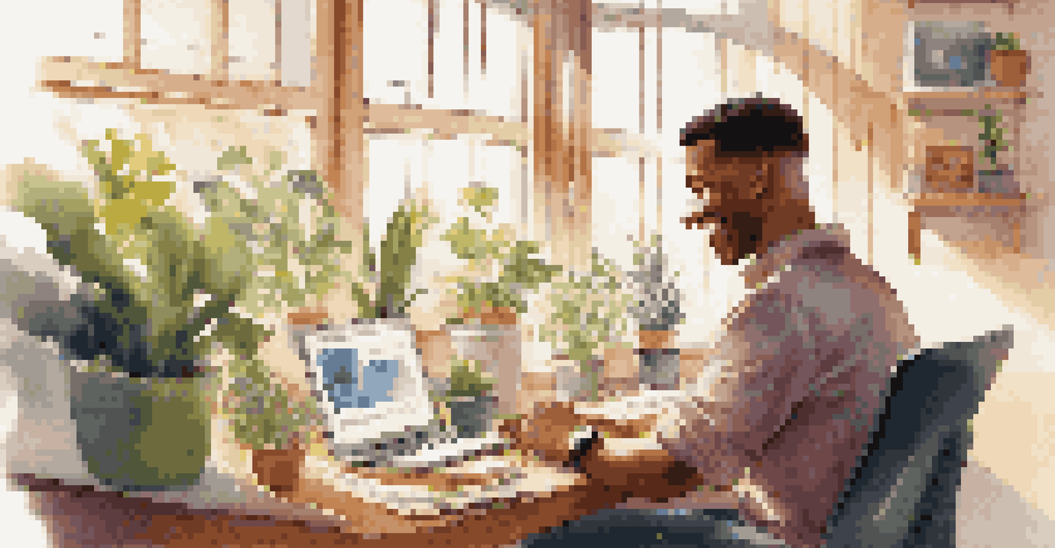 An employee happily reviewing stock options on a laptop in a cozy workspace.