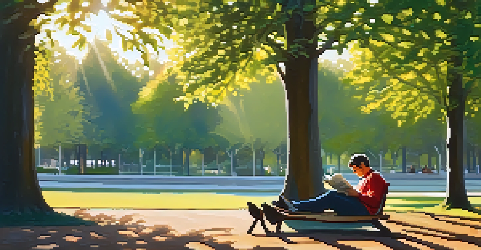A person in a park reading a financial magazine on mutual funds, with sunlight filtering through the trees.