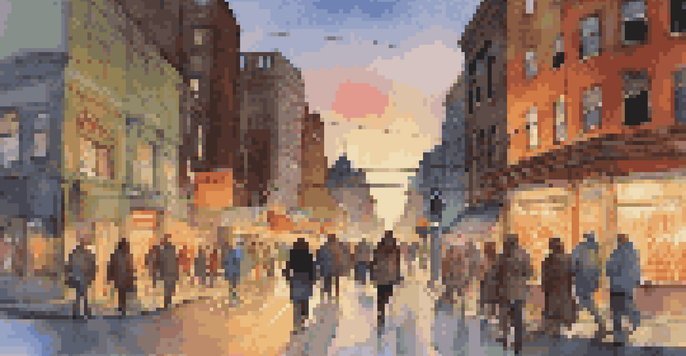 A busy city street at dusk with lights and people.