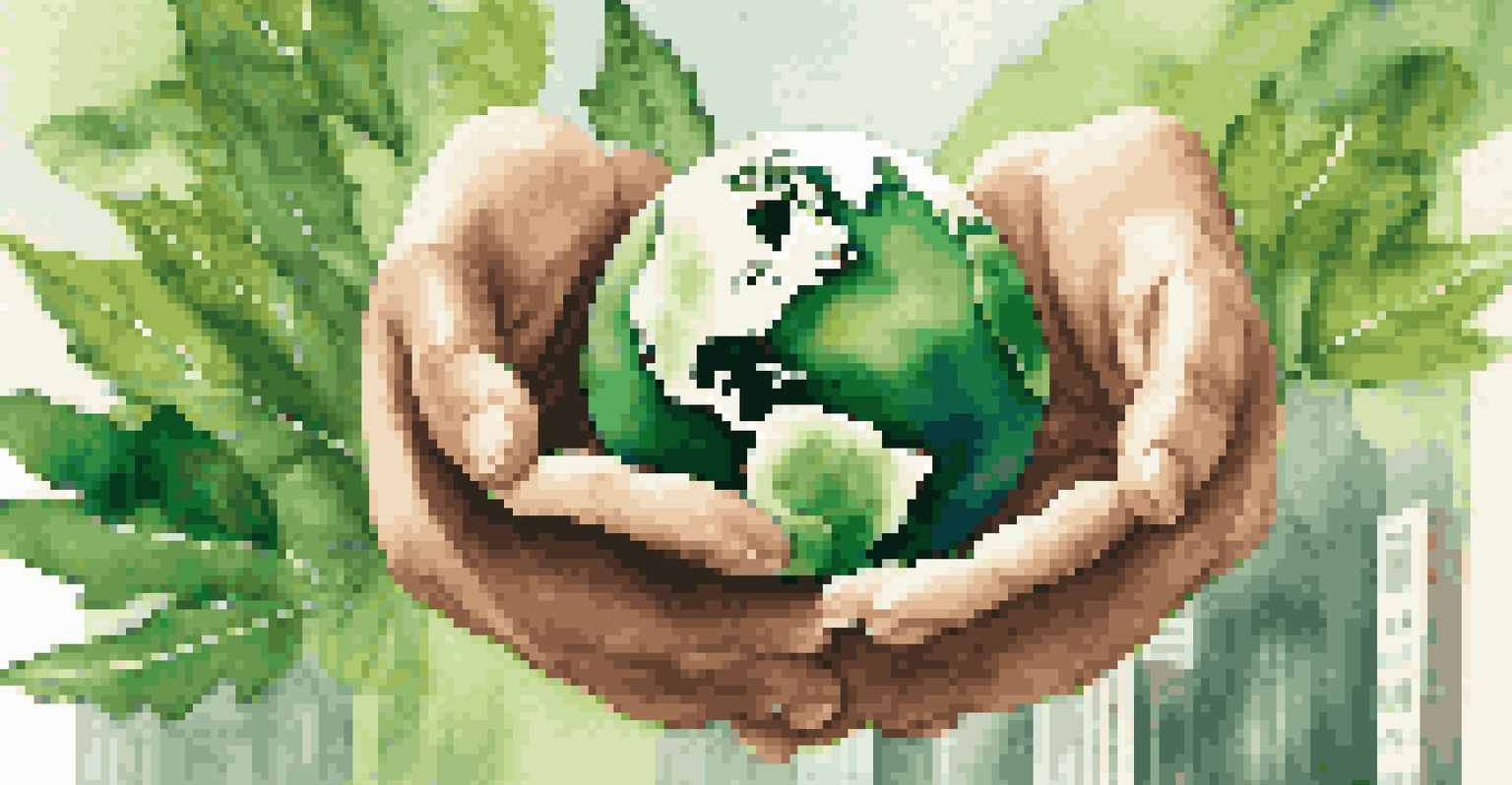 Hands holding a globe made of leaves, with a city skyline in the background, symbolizing sustainable investing.