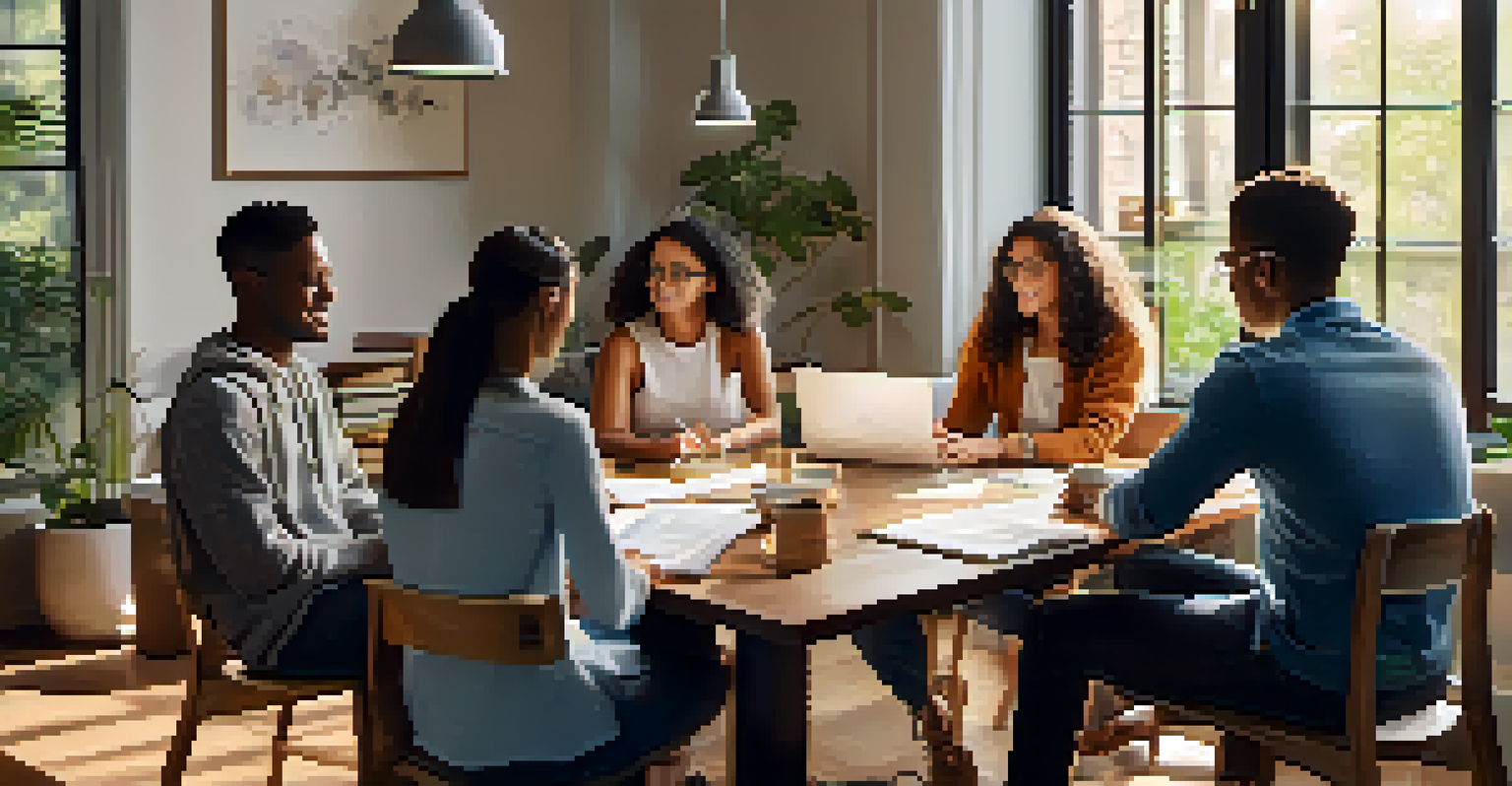 A diverse group of millennials discussing investment strategies around a table with laptops and documents in a cozy, well-lit environment.