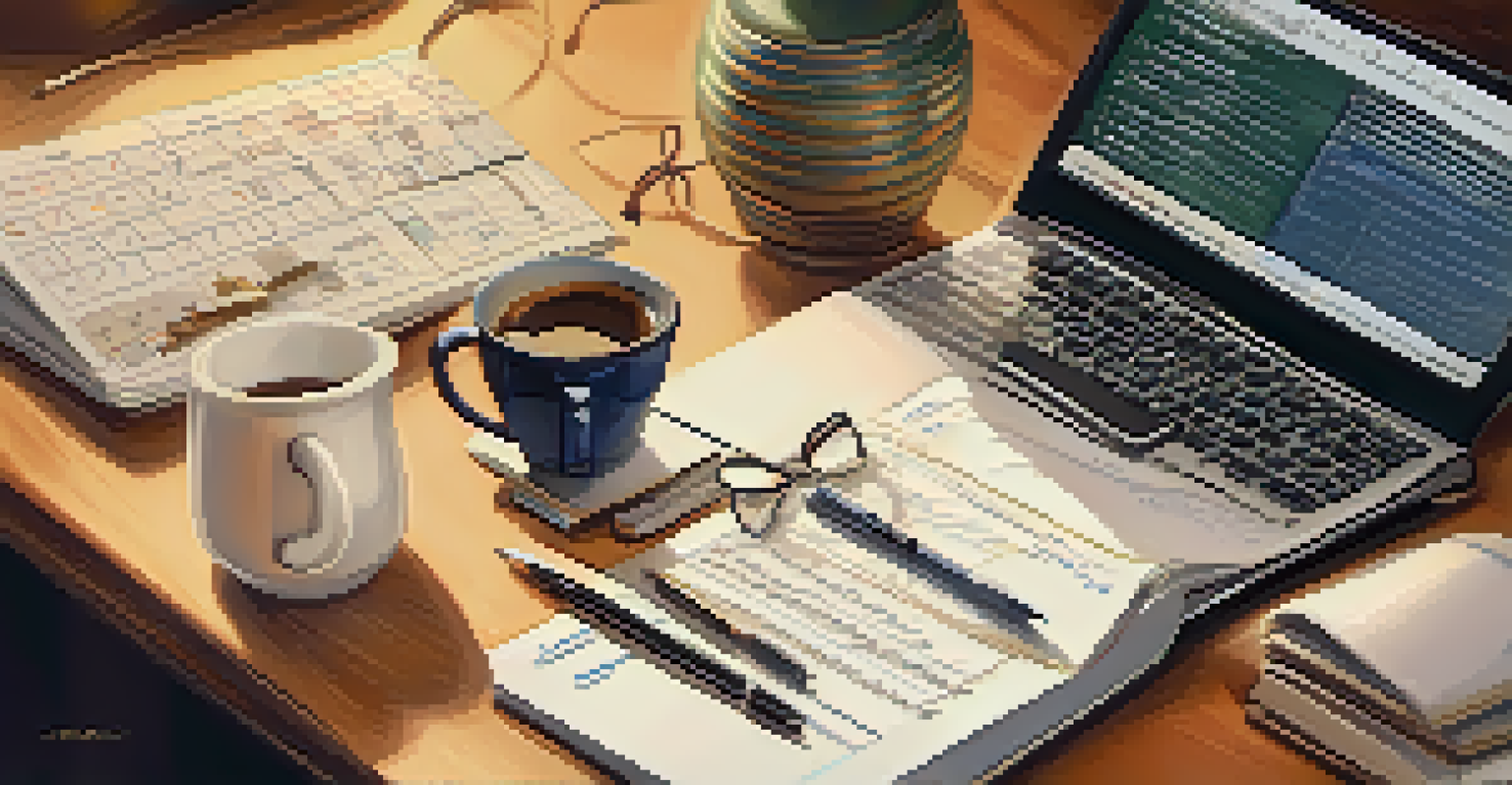 Close-up of a hand writing financial figures on a notepad, with a laptop and coffee cup in warm lighting.