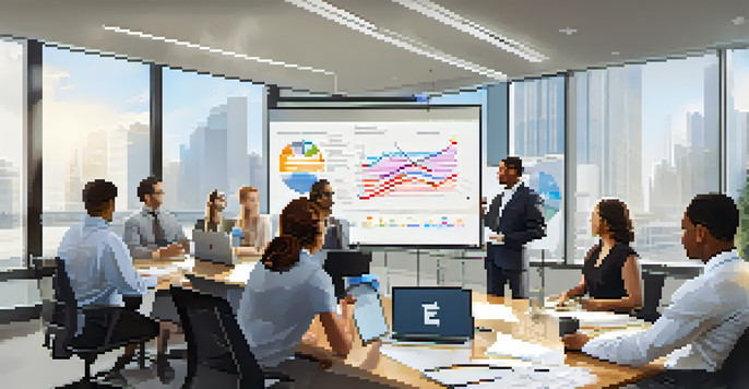 A diverse group of professionals in a modern office participating in a compliance training session with a whiteboard filled with charts.