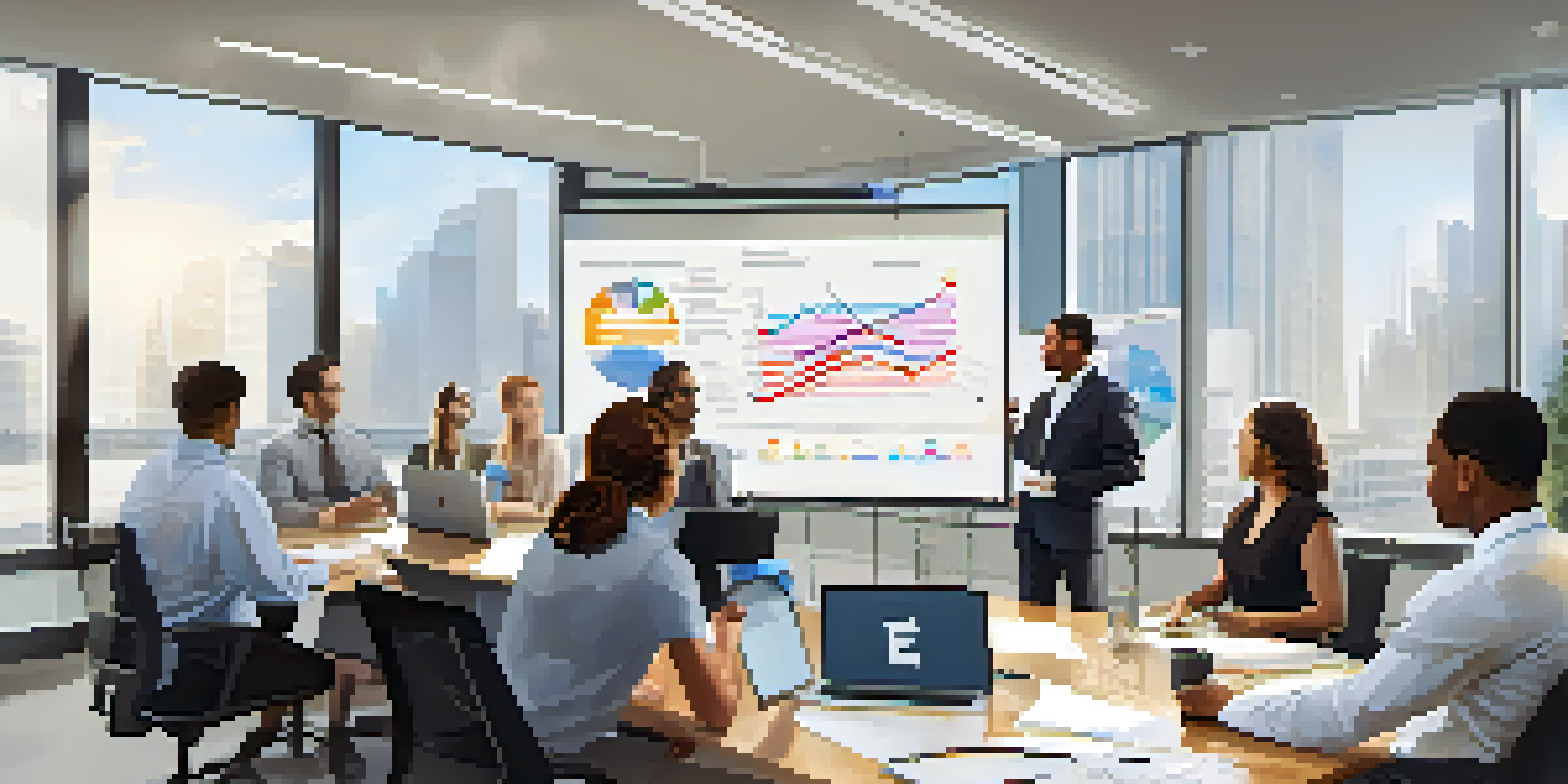 A diverse group of professionals in a modern office participating in a compliance training session with a whiteboard filled with charts.