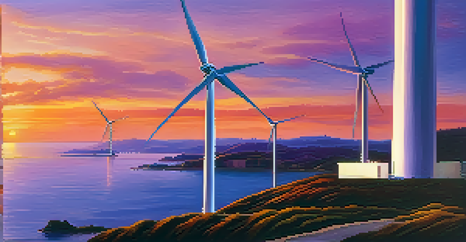 A modern wind turbine silhouetted against a vibrant sunset with orange and purple hues, and a calm sea reflecting the colors in the foreground.