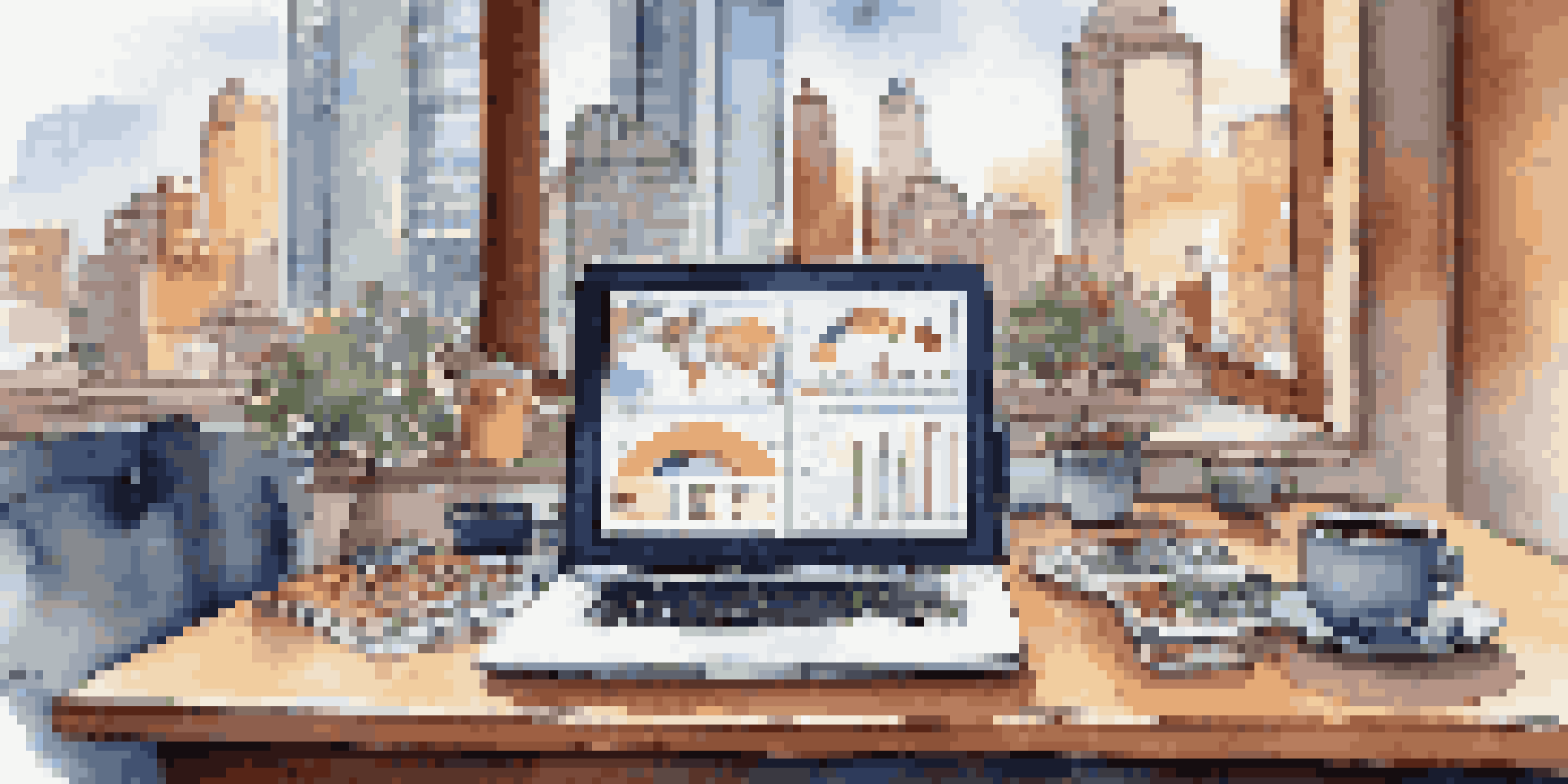 A close-up of a financial analyst's desk with a laptop, stock charts, colorful graphs, financial statements, and a cup of coffee, against a cityscape background.