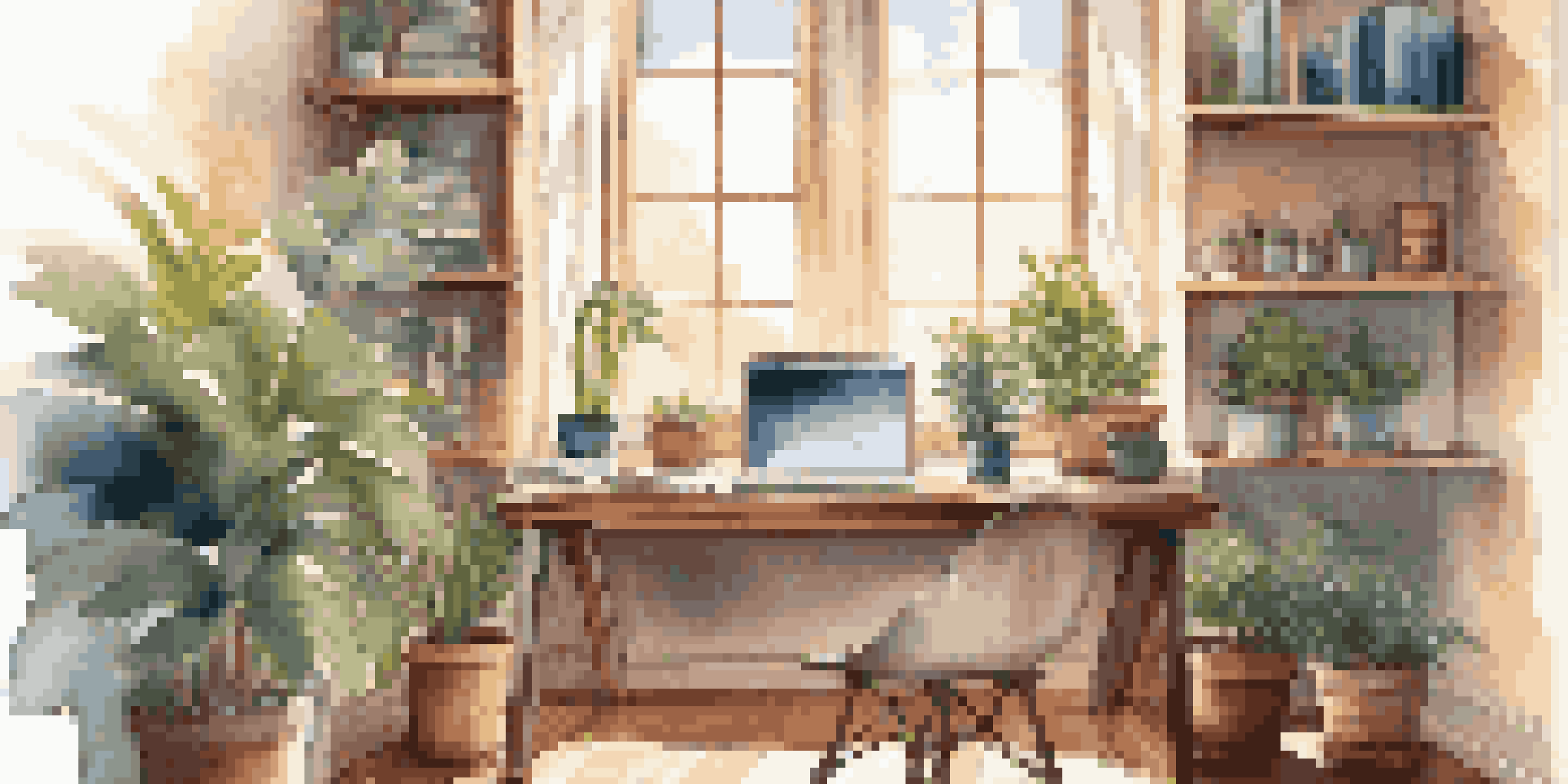 A bright home office featuring a wooden desk, laptop, and potted plant in sunlight.