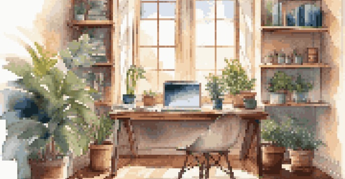 A bright home office featuring a wooden desk, laptop, and potted plant in sunlight.