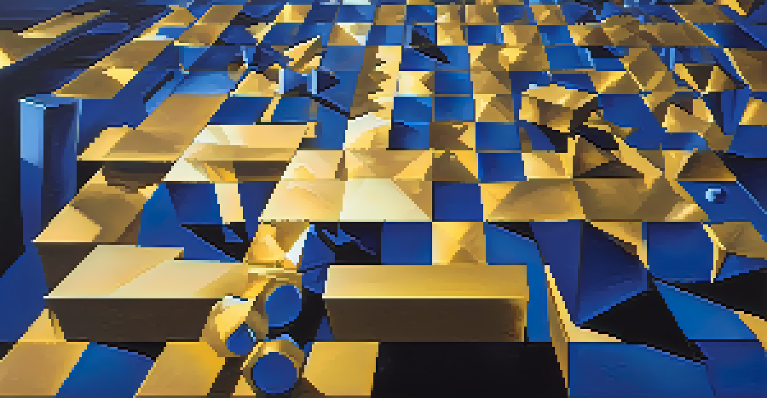 Abstract geometric shapes representing monetary policy against a blue and gold gradient background.
